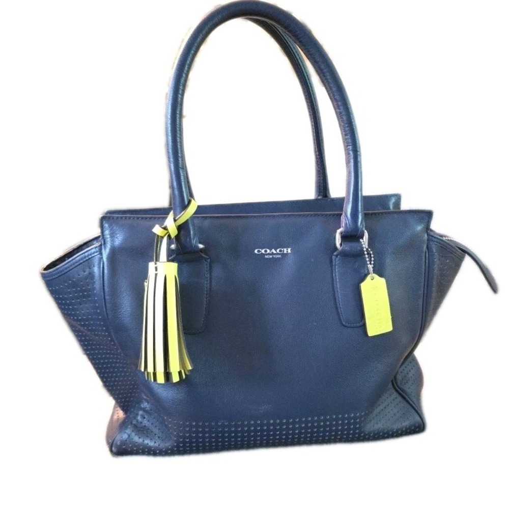 Coach Navy Leather Shoulder Bag with Yellow Tassel